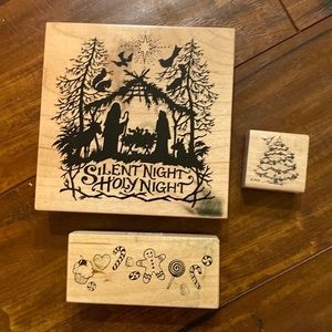 Vintage Christmas wood block runner stamps Silent‎ Night +